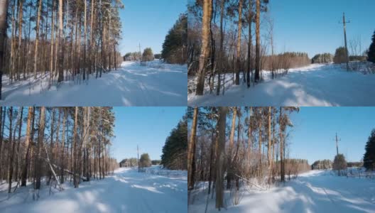 他的镜头沿着白雪覆盖的白桦林和高大的绿色松树的道路移动，这在道路上投下了阴影。高清在线视频素材下载