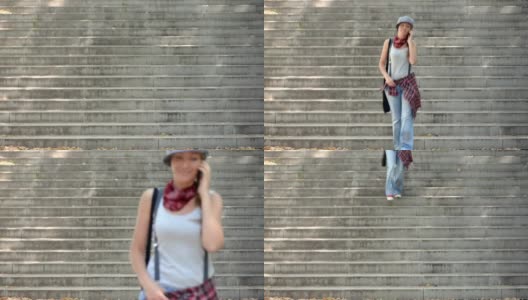 女人走在石头楼梯上高清在线视频素材下载