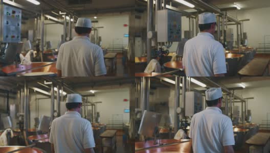 慢镜头的奶酪制作者正在监督帕尔马干酪的生产，使用新鲜的生物牛奶，遵循古老的意大利乳品工厂的传统高清在线视频素材下载