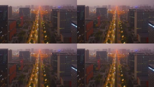 日落时间夜晚照亮成都城市中心交通街道道路航拍时间推移全景4k中国高清在线视频素材下载