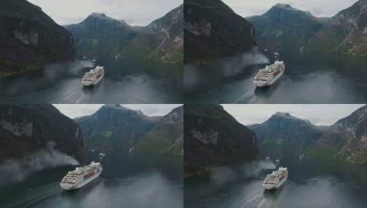 挪威盖兰格峡湾游轮的鸟瞰图高清在线视频素材下载