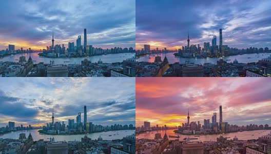 4K:上海全景天际线在黎明到日出的时间流逝，中国高清在线视频素材下载