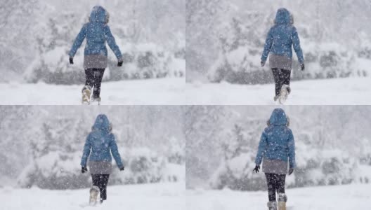 慢莫:独自在暴风雪中行走的年轻女子高清在线视频素材下载