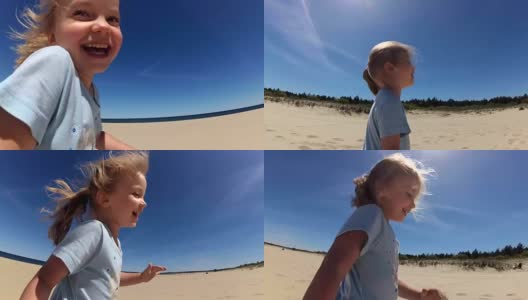 小女孩跑着微笑着在沙滩上玩慢镜头高清在线视频素材下载