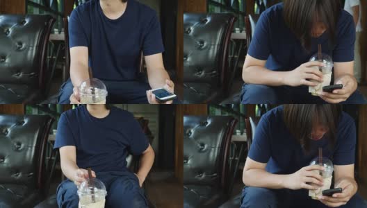 在咖啡店用手机的男人高清在线视频素材下载
