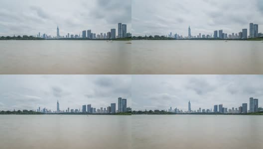 时间流逝的天际线在南京与玄武湖，中国，阴天高清在线视频素材下载