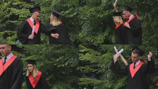 快乐的男女穿着学院装在公园里跳舞，毕业典礼高清在线视频素材下载