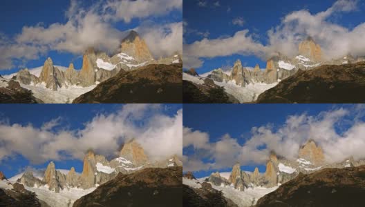 日出灯光下的菲茨罗伊山。阿根廷巴塔哥尼亚冰川国家公园。时间流逝高清在线视频素材下载