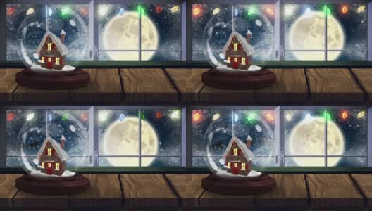动画的两个雪球与房子与冬天的景色和满月透过窗户看到高清在线视频素材下载