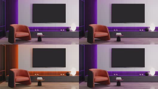 RGB灯光黄、蓝、粉、红快速循环-电视房现代极简主义的室内设计，8K电视高清在线视频素材下载