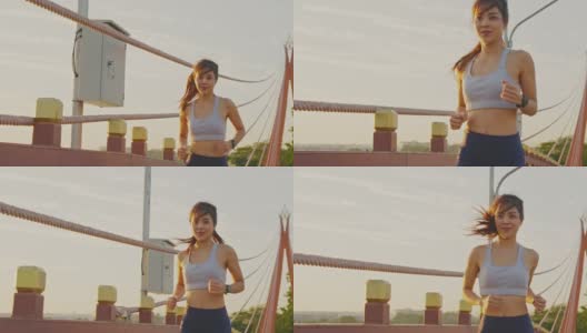 亚洲年轻美丽的女人在傍晚的夕阳在大桥在公共公园跑步健康。运动员健康和坚定的女孩锻炼通过慢跑锻炼户外运动为她的健康。高清在线视频素材下载