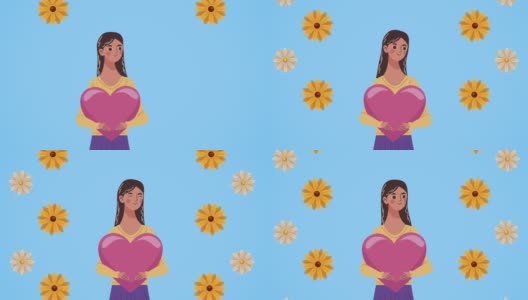 妇女节快乐卡片带着女人提心和鲜花高清在线视频素材下载