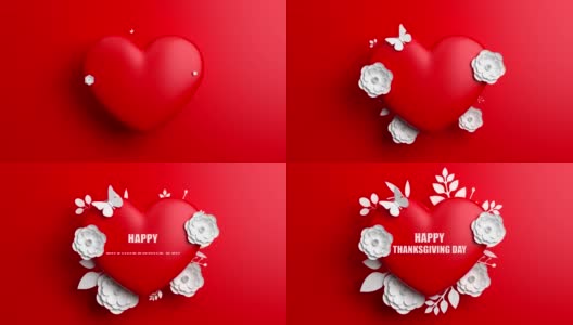 感恩节快乐概念与鲜花和心形在红色的背景高清在线视频素材下载