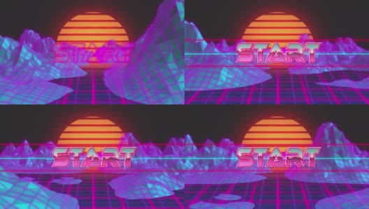 数字动画的开始文本在霓虹灯横幅对3d山结构在黑色背景高清在线视频素材下载