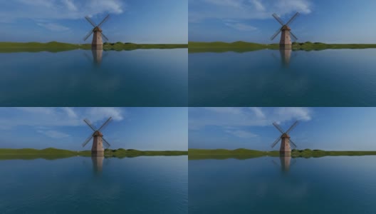 风车在水渠的映衬下，碧水蓝天高清在线视频素材下载