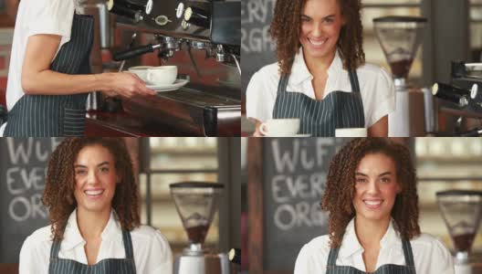 微笑的咖啡师递上两杯咖啡高清在线视频素材下载