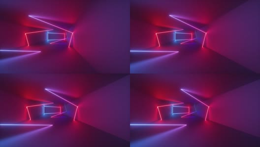 3d渲染，抽象的几何背景，荧光紫外线，发光的霓虹线在隧道内旋转，蓝红粉紫光谱，旋转，现代彩色照明高清在线视频素材下载