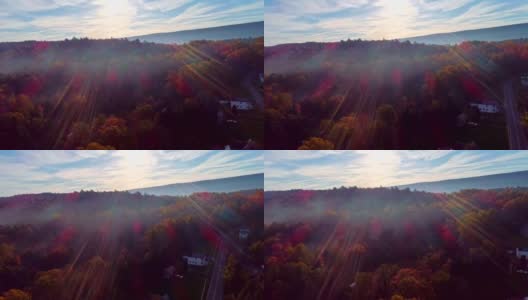 这是宾夕法尼亚州波科诺斯阿巴拉契亚山脉森林上空的雾的鸟瞰图，在秋叶季节的清晨。对着太阳拍摄，镜头光晕和日光。高清在线视频素材下载