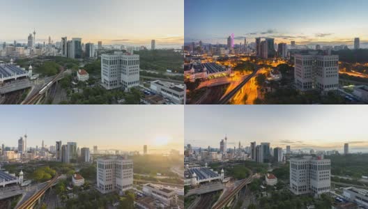 美丽的日出在吉隆坡市中心从一个建筑的屋顶，城市天际线，火车，和迸发的阳光。高清在线视频素材下载