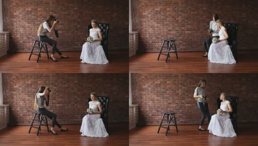 摄影师和新娘坐在扶手椅上高清在线视频素材下载