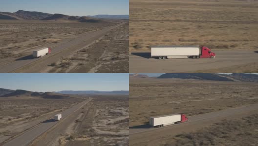 航拍:货运集装箱半卡车穿越犹他州广阔的沙漠高清在线视频素材下载