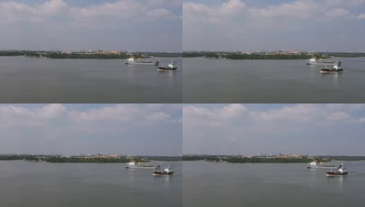 鸟瞰图泰国湾，货轮，Phra Samut Chedi和拉玛九桥Samutprakarn，泰国。高清在线视频素材下载