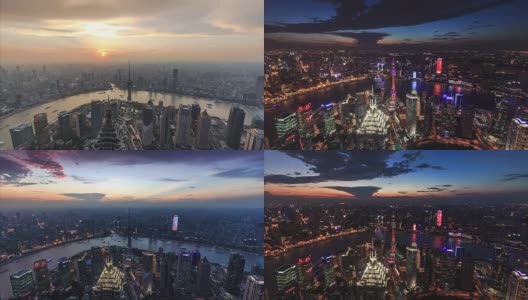 从白天到夜晚，上海的天际线和城市景观的时间流逝高清在线视频素材下载