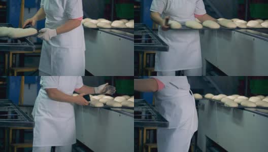 一个工人准备面包并把它们放在传送带上。高清在线视频素材下载