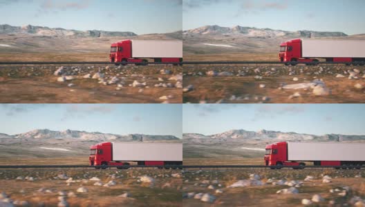 半挂车在沙漠道路上行驶高清在线视频素材下载