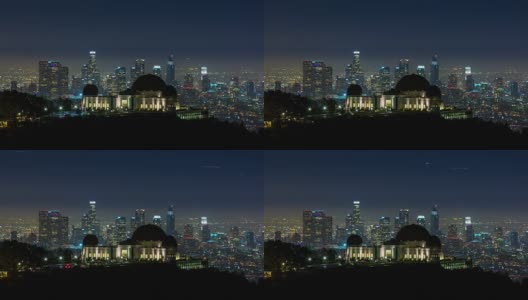 洛杉矶市中心的天际线和格里菲斯天文台的夜晚时光高清在线视频素材下载