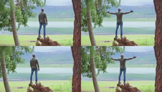 一名男子背对着镜头站在森林中央的一根圆木上，前面是湖，他张开双臂欣赏大自然。(缓慢)高清在线视频素材下载