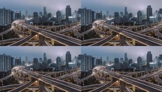 天桥和城市交通高峰时段的全景鸟瞰图，从白天到晚上/上海，中国高清在线视频素材下载