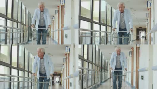 在走廊上用助行器走路的亚洲老人高清在线视频素材下载