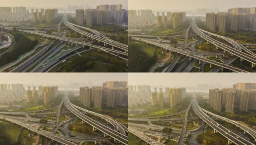 阳光明媚的日落杭州城市风景交通路口航拍时间推移全景4k中国高清在线视频素材下载
