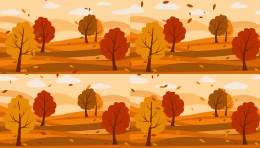 秋天的风景有树、云和落叶高清在线视频素材下载