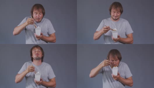 人的嗜好就是吃食物。微笑的男人拿着白色的中国面条盒子。高清在线视频素材下载