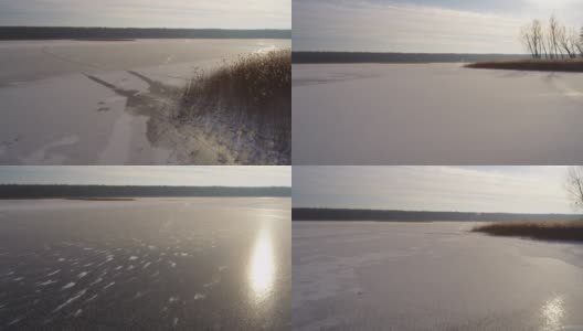 波维兹基湖面结冰。无人机拍摄波兰的冬天高清在线视频素材下载