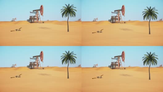 阿拉伯沙漠中被遗弃的带有公牛头骨和棕榈树的抽油机高清在线视频素材下载