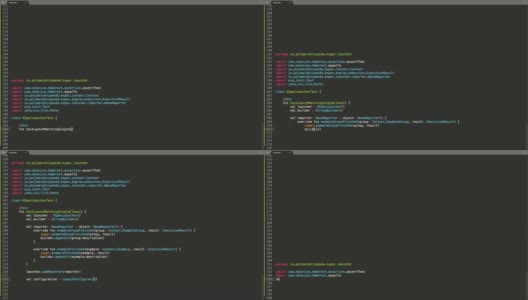 Kotlin编程语言源代码类型效应。Kotlin程序员代码彩色命令编辑器屏幕。网络开发技术教育。棕色的背景。绿、蓝、红、黄颜色代码高亮显示。60秒，16:9屏幕格式。高清在线视频素材下载