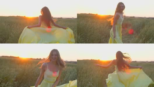 快乐年轻美丽的女人穿着黄色的衣服在麦田里奔跑在日落的夏天，自由健康的幸福理念。美女长着长发，自然在户外，举起双手徐莫太阳镜头耀光高清在线视频素材下载