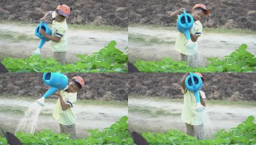 亚洲男孩在农场浇花。高清在线视频素材下载