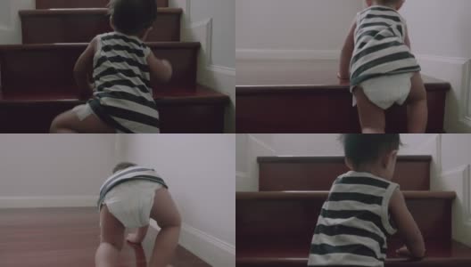 小婴儿(12个月)男孩爬上台阶高清在线视频素材下载