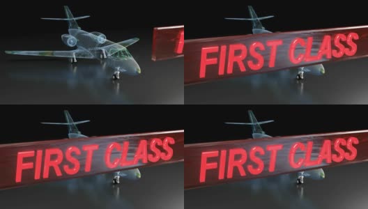 蓝色线框的飞机模型在黑色的背景，一个标签写的第一类通过在它的前面- 3D渲染插图高清在线视频素材下载