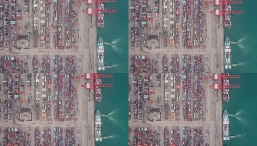 T/L无人机视角与集装箱船繁忙的工业港口高清在线视频素材下载