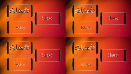 橙色背景下的智能手机屏幕上闪烁着“Follow Like”和“Share”的动画高清在线视频素材下载