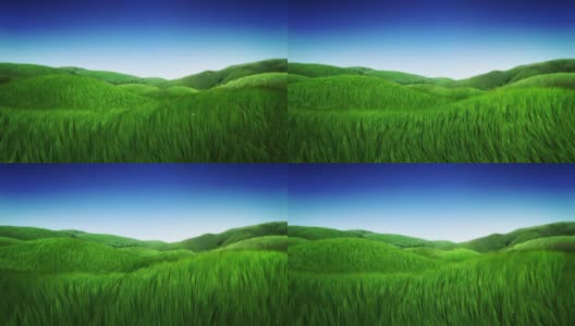 微风中绿草。有小山的田园诗般的风景。Loopable。高清在线视频素材下载