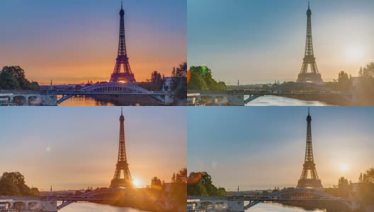 法国巴黎，埃菲尔铁塔日出与塞纳河上的船只高清在线视频素材下载