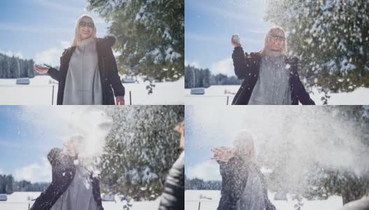 两个女人在冬季打雪仗高清在线视频素材下载