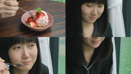 迷人的年轻亚洲女人喜欢吃草莓冰淇淋高清在线视频素材下载