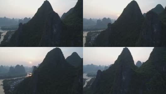 鸟瞰阳朔喀斯特山脉的日落景观，广西，中国。高清在线视频素材下载